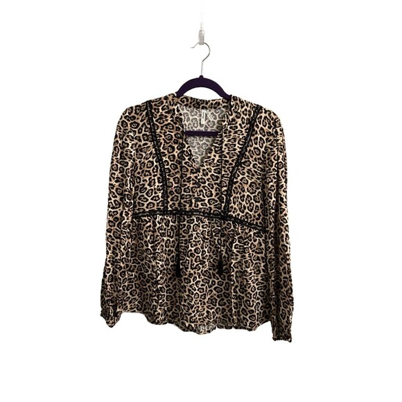 Mudd Leopard Print Peasant Style Women’s Blouse With Tassel Size M Boho - Picture 1 of 7